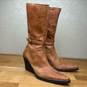 PLEY Tan/Brown Wedge 13" High Boots Size 37 (US 6.5) Distressed/Worn